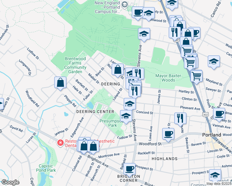 map of restaurants, bars, coffee shops, grocery stores, and more near 9 Alba Street in Portland