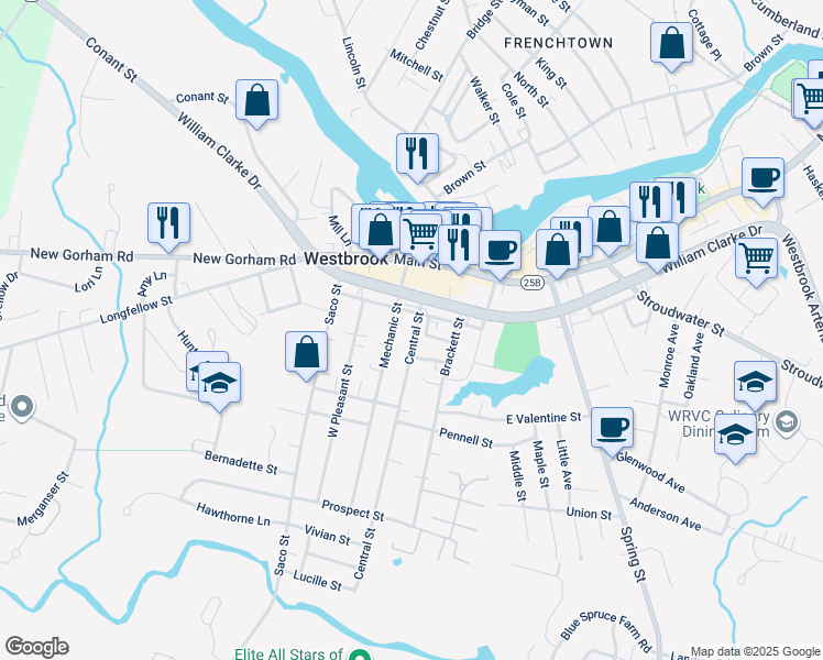 map of restaurants, bars, coffee shops, grocery stores, and more near 5 Burnham Street in Westbrook