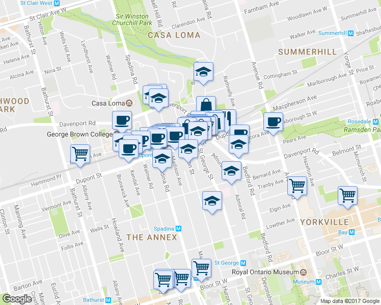 map of restaurants, bars, coffee shops, grocery stores, and more near 192 Dupont Street in Toronto