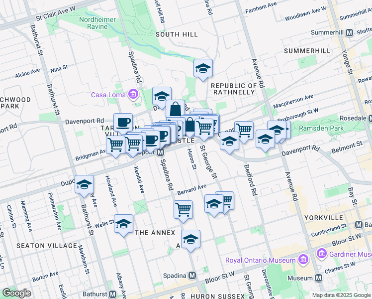 map of restaurants, bars, coffee shops, grocery stores, and more near in Toronto