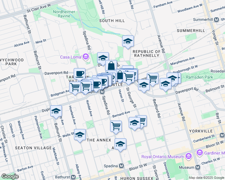 map of restaurants, bars, coffee shops, grocery stores, and more near in Toronto