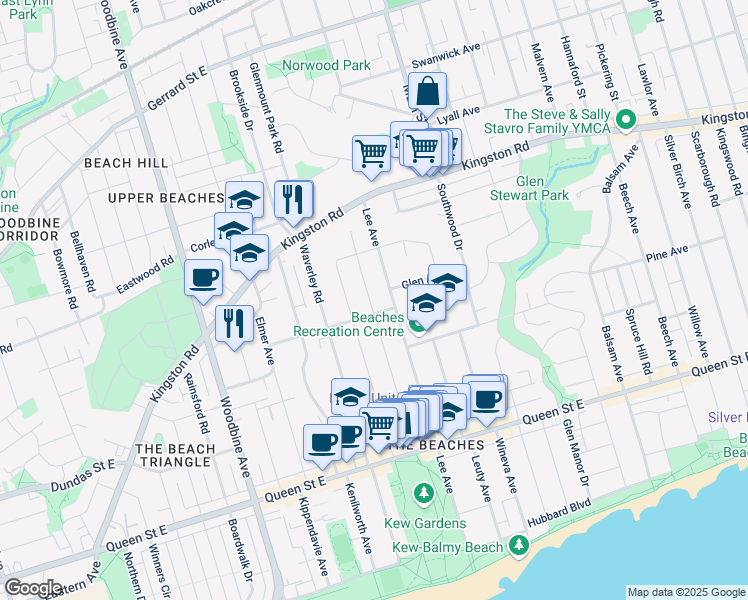 map of restaurants, bars, coffee shops, grocery stores, and more near 147 Wheeler Avenue in Toronto