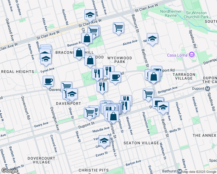 map of restaurants, bars, coffee shops, grocery stores, and more near Ashworth Avenue in Toronto