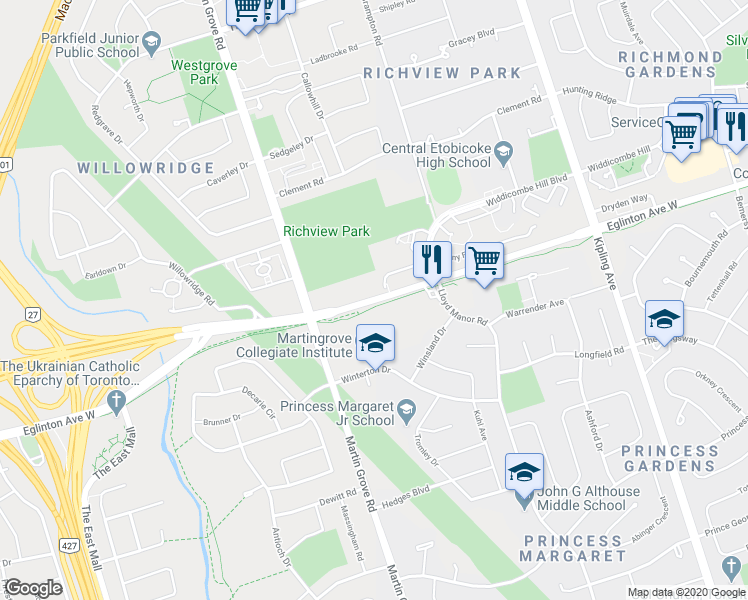 map of restaurants, bars, coffee shops, grocery stores, and more near 4808 Eglinton Avenue West in Toronto