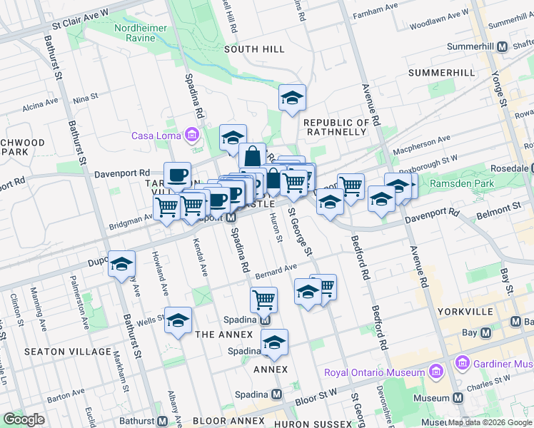 map of restaurants, bars, coffee shops, grocery stores, and more near 676 Huron Street in Toronto