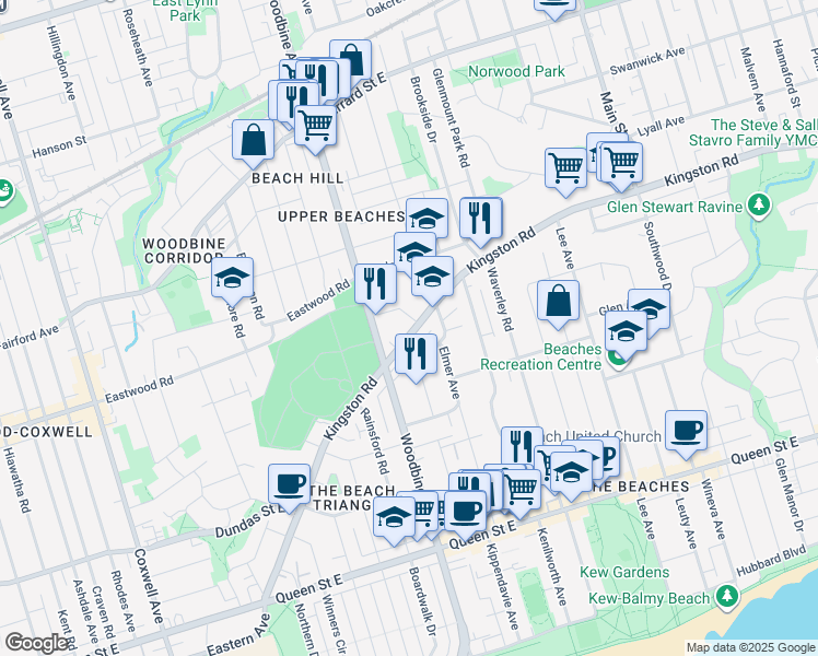 map of restaurants, bars, coffee shops, grocery stores, and more near 390 Kingston Road in Toronto