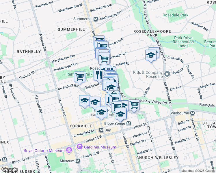 map of restaurants, bars, coffee shops, grocery stores, and more near 954 Yonge Street in Toronto