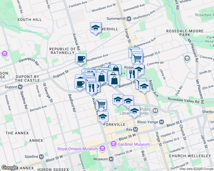 map of restaurants, bars, coffee shops, grocery stores, and more near 185 Davenport Road in Toronto