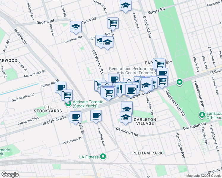 map of restaurants, bars, coffee shops, grocery stores, and more near 30 Ed Clark Gardens in Toronto