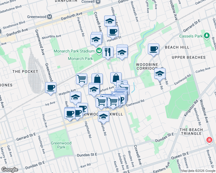 map of restaurants, bars, coffee shops, grocery stores, and more near 372 Rhodes Avenue in Toronto