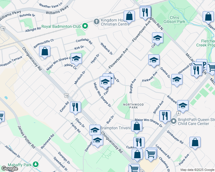 map of restaurants, bars, coffee shops, grocery stores, and more near Fincham Avenue in Brampton