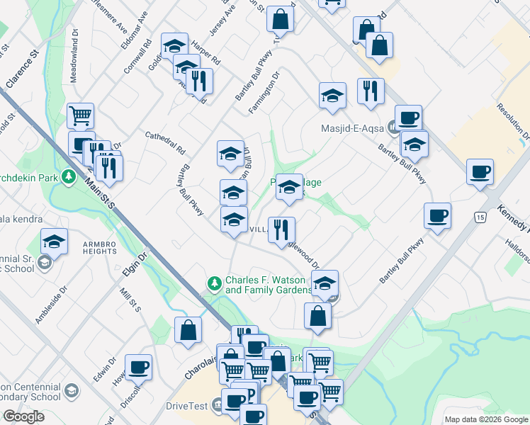 map of restaurants, bars, coffee shops, grocery stores, and more near 15 Ferndale Crescent in Brampton