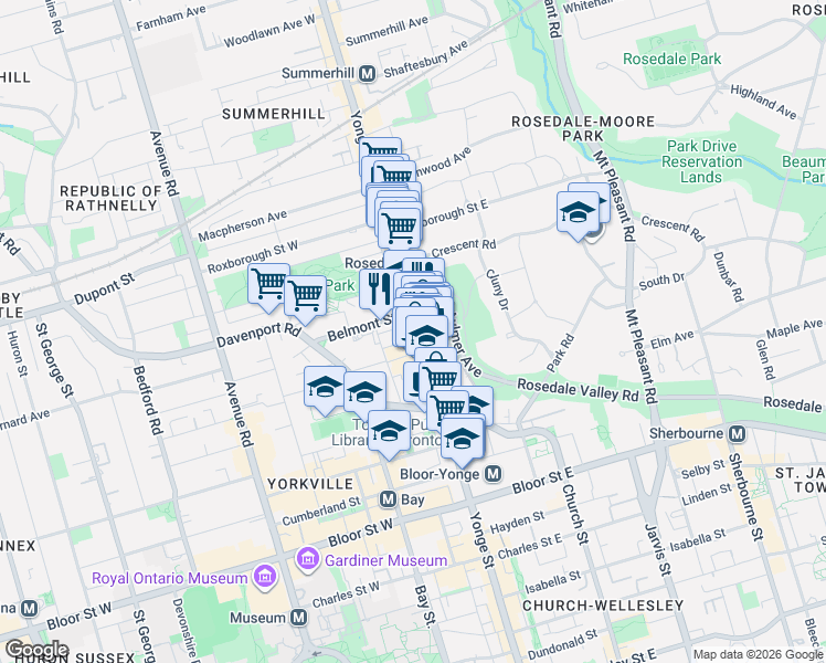 map of restaurants, bars, coffee shops, grocery stores, and more near 980 Yonge Street in Toronto