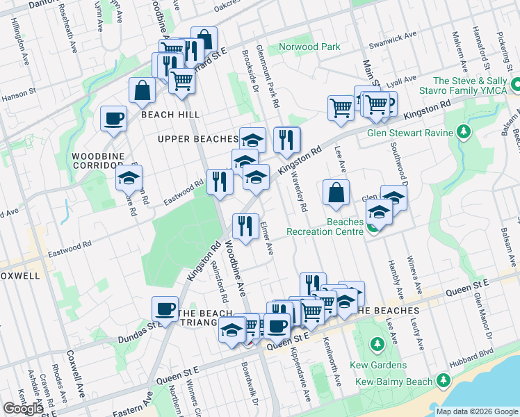 map of restaurants, bars, coffee shops, grocery stores, and more near 150 Elmer Avenue in Toronto