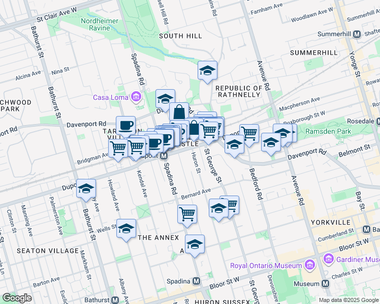map of restaurants, bars, coffee shops, grocery stores, and more near 678 Huron Street in Toronto