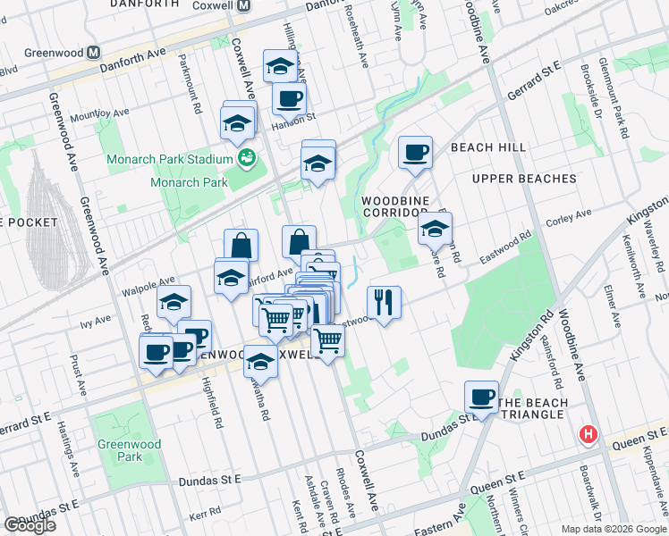 map of restaurants, bars, coffee shops, grocery stores, and more near Gainsborough Road in Toronto