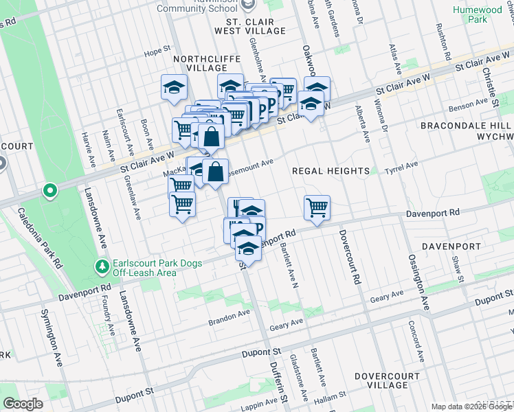 map of restaurants, bars, coffee shops, grocery stores, and more near 10 Northcliffe Boulevard in Toronto