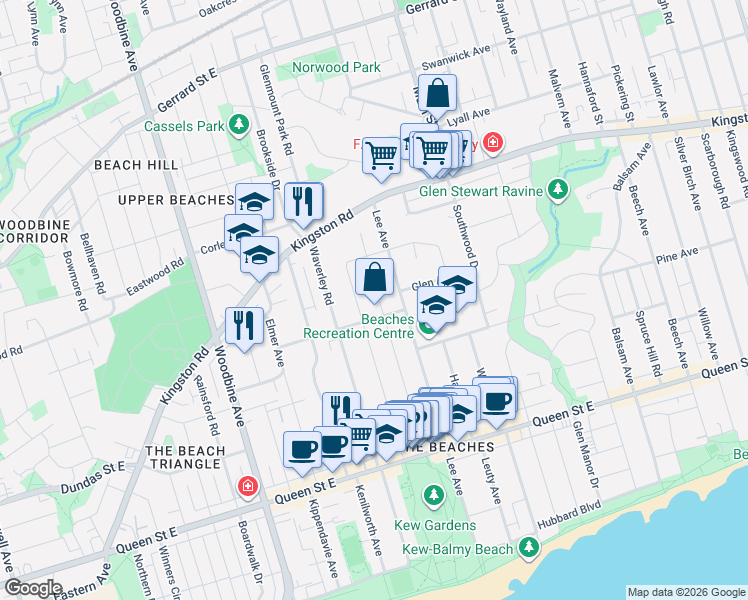 map of restaurants, bars, coffee shops, grocery stores, and more near in Toronto
