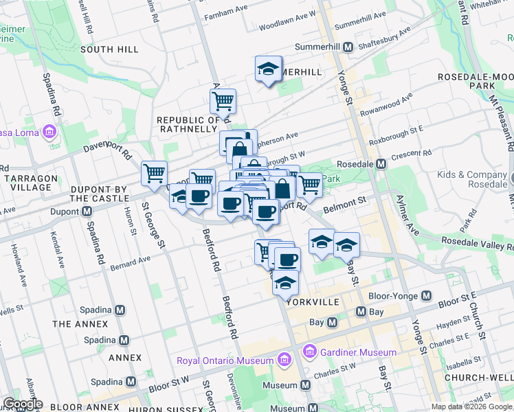 map of restaurants, bars, coffee shops, grocery stores, and more near 179 Avenue Road in Toronto