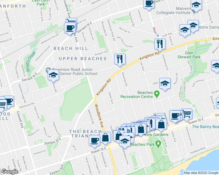 map of restaurants, bars, coffee shops, grocery stores, and more near 150 Elmer Avenue in Toronto