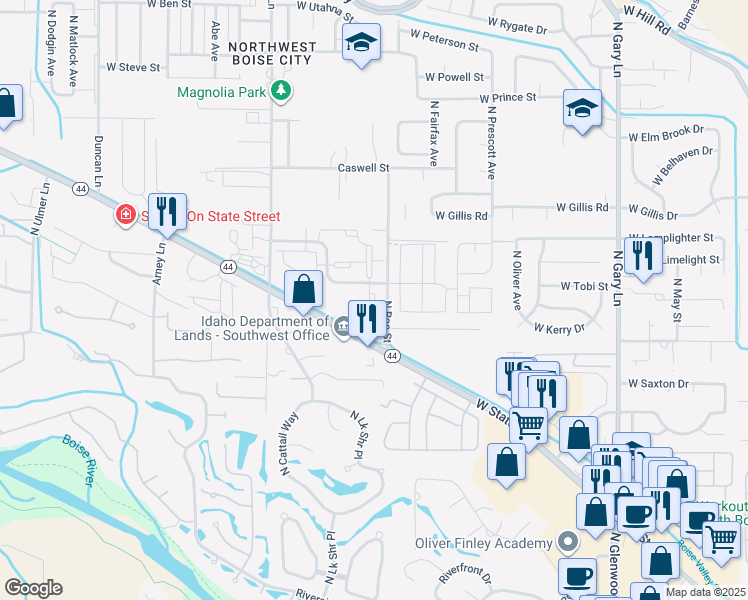 map of restaurants, bars, coffee shops, grocery stores, and more near 6046 North Tarako Avenue in Boise