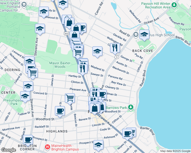 map of restaurants, bars, coffee shops, grocery stores, and more near 25 Sawyer Street in Portland