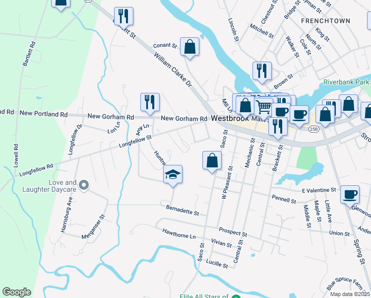 map of restaurants, bars, coffee shops, grocery stores, and more near 80 Longfellow Street in Westbrook