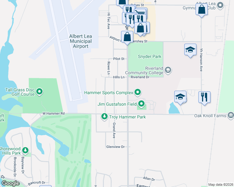 map of restaurants, bars, coffee shops, grocery stores, and more near 2142 Grand Avenue in Albert Lea