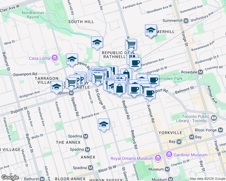 map of restaurants, bars, coffee shops, grocery stores, and more near 338 Davenport Road in Toronto