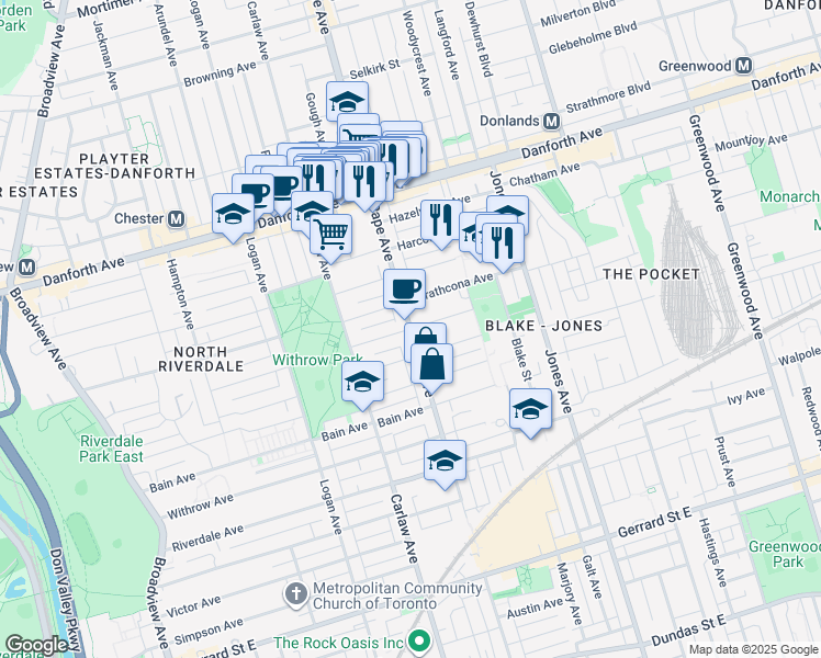 map of restaurants, bars, coffee shops, grocery stores, and more near Wroxeter Avenue in Toronto