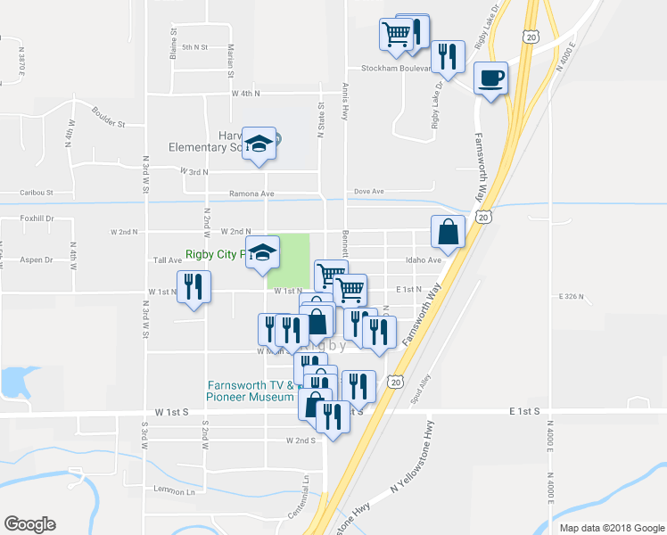 map of restaurants, bars, coffee shops, grocery stores, and more near 0 Idaho Avenue in Rigby