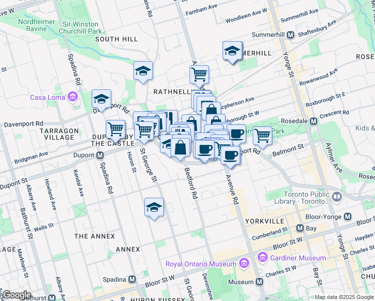map of restaurants, bars, coffee shops, grocery stores, and more near 181 Bedford Road in Toronto