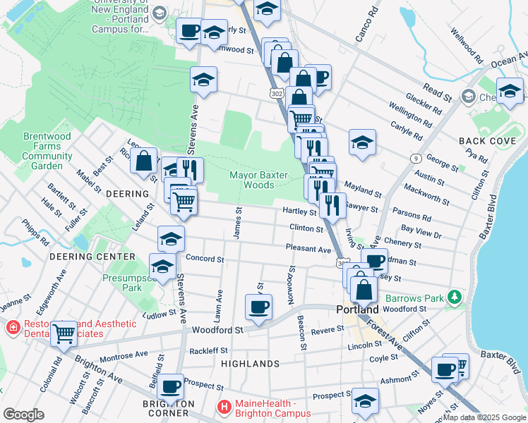 map of restaurants, bars, coffee shops, grocery stores, and more near 76 Hartley Street in Portland