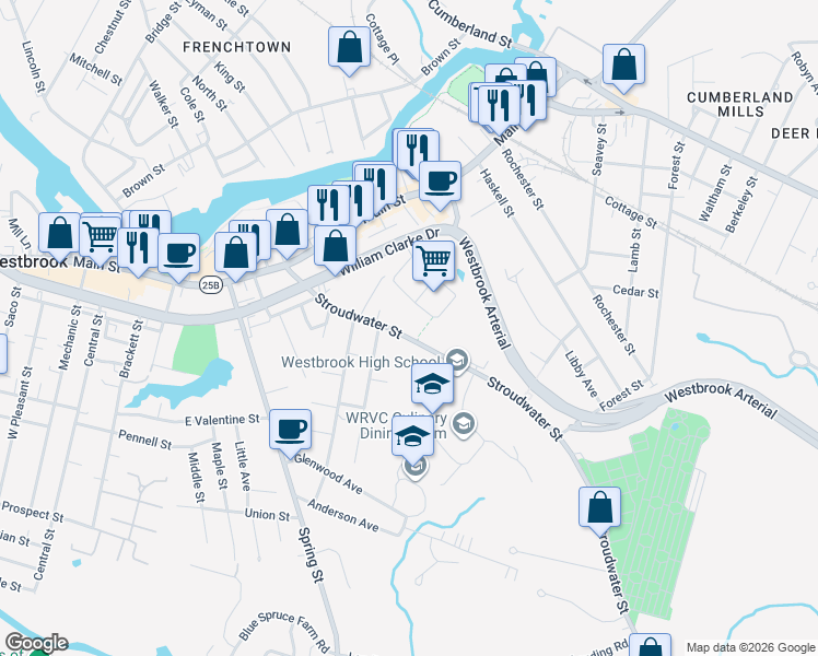map of restaurants, bars, coffee shops, grocery stores, and more near 114 Stroudwater Street in Westbrook