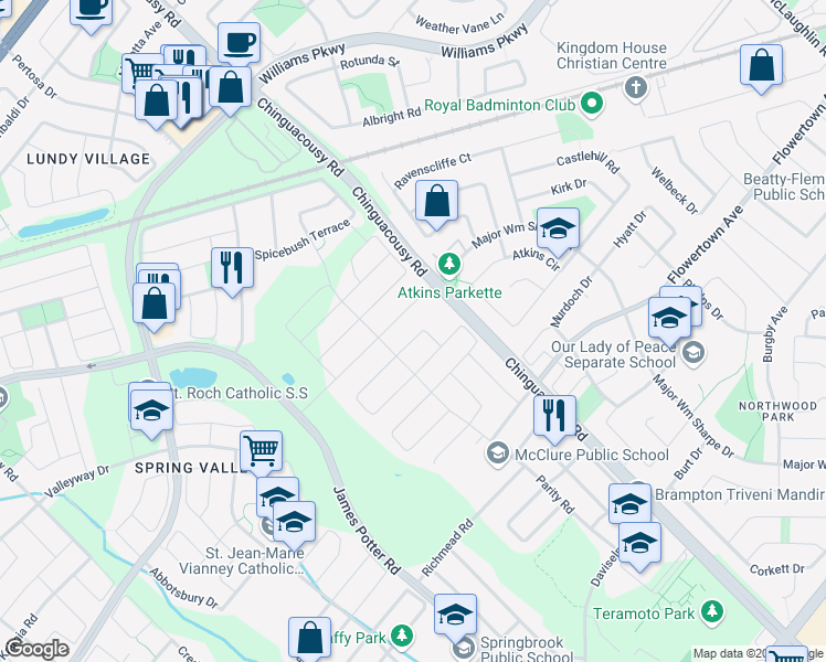 map of restaurants, bars, coffee shops, grocery stores, and more near 14 Dalecrest Road in Brampton