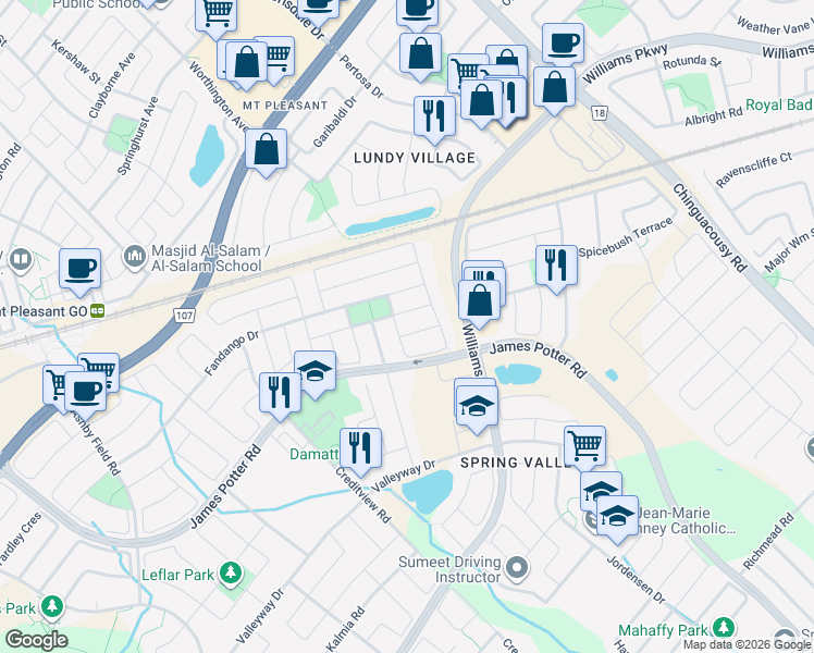 map of restaurants, bars, coffee shops, grocery stores, and more near 4 Ollie Avenue in Brampton