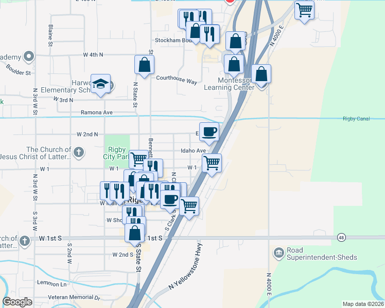 map of restaurants, bars, coffee shops, grocery stores, and more near 300 Idaho Avenue in Rigby