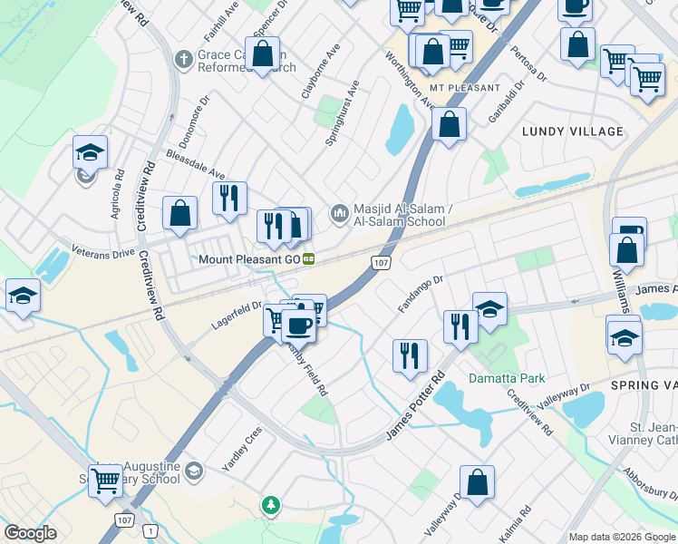 map of restaurants, bars, coffee shops, grocery stores, and more near 1600 Bovaird Drive West in Brampton