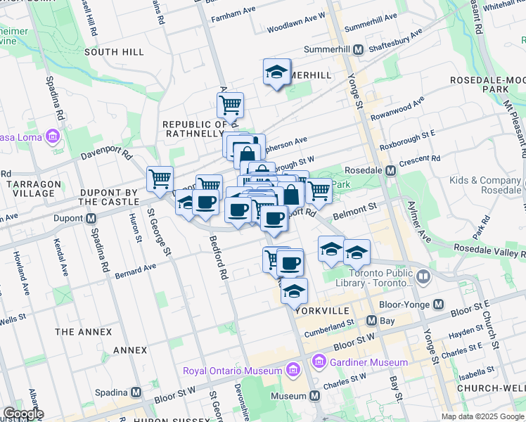 map of restaurants, bars, coffee shops, grocery stores, and more near in Toronto