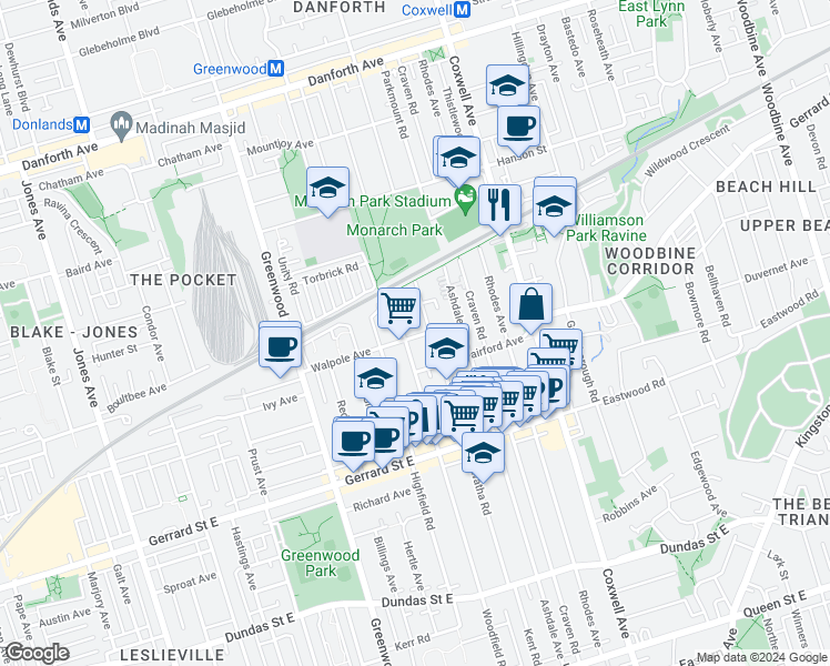 map of restaurants, bars, coffee shops, grocery stores, and more near 110 Walpole Avenue in Toronto