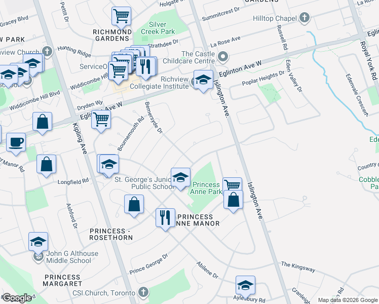 map of restaurants, bars, coffee shops, grocery stores, and more near 23 Ravensbourne Crescent in Toronto