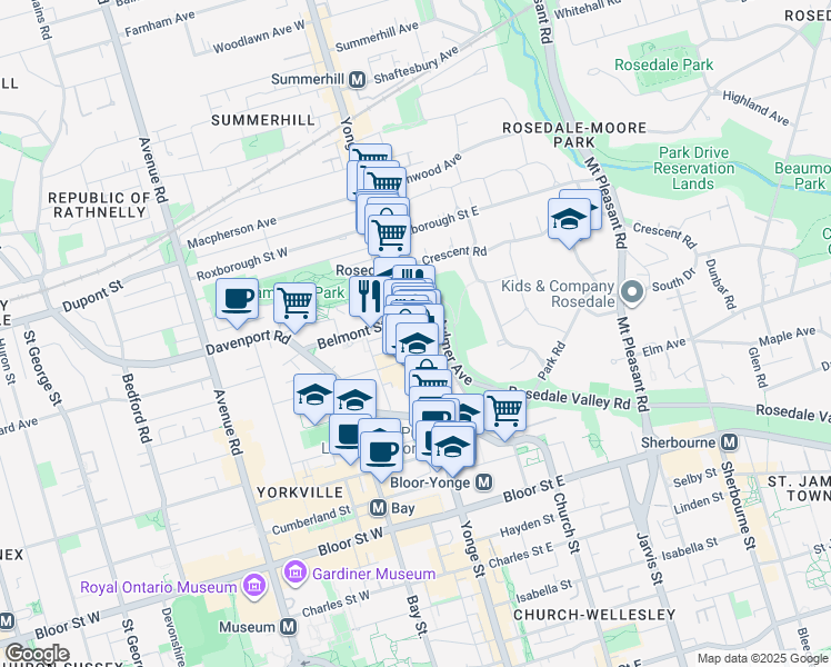 map of restaurants, bars, coffee shops, grocery stores, and more near 1 Baxter Street in Toronto