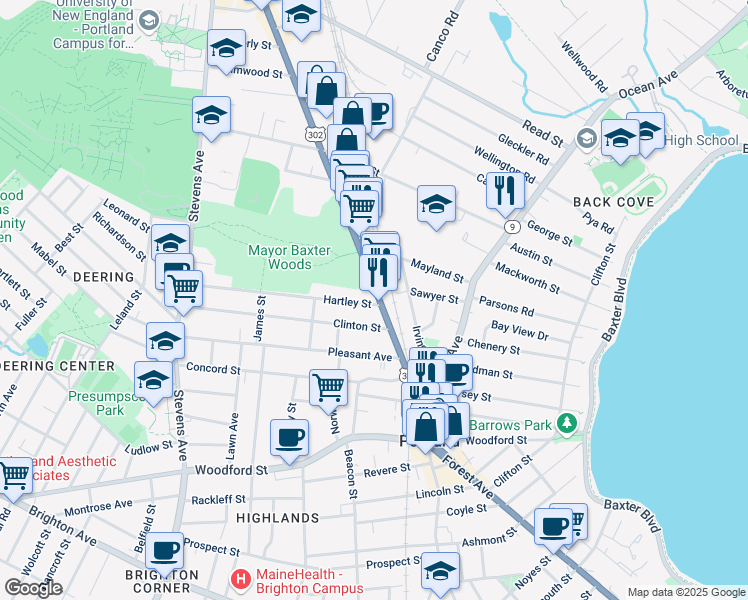 map of restaurants, bars, coffee shops, grocery stores, and more near 798 Forest Avenue in Portland