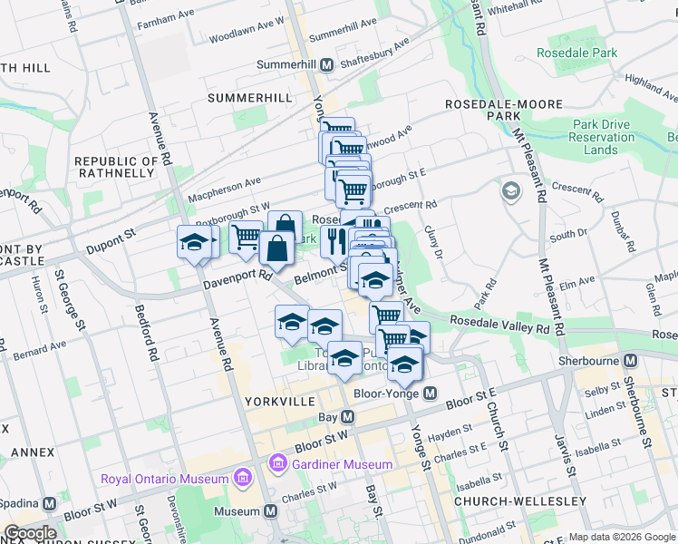 map of restaurants, bars, coffee shops, grocery stores, and more near in Toronto