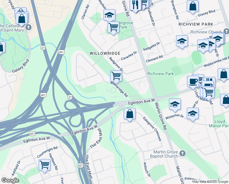 map of restaurants, bars, coffee shops, grocery stores, and more near in Toronto