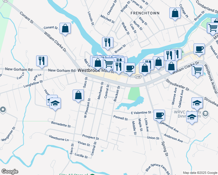 map of restaurants, bars, coffee shops, grocery stores, and more near 5 Burnham Street in Westbrook