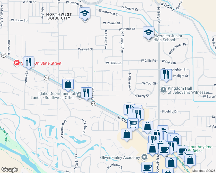 map of restaurants, bars, coffee shops, grocery stores, and more near 7909 West Limelight Street in Boise