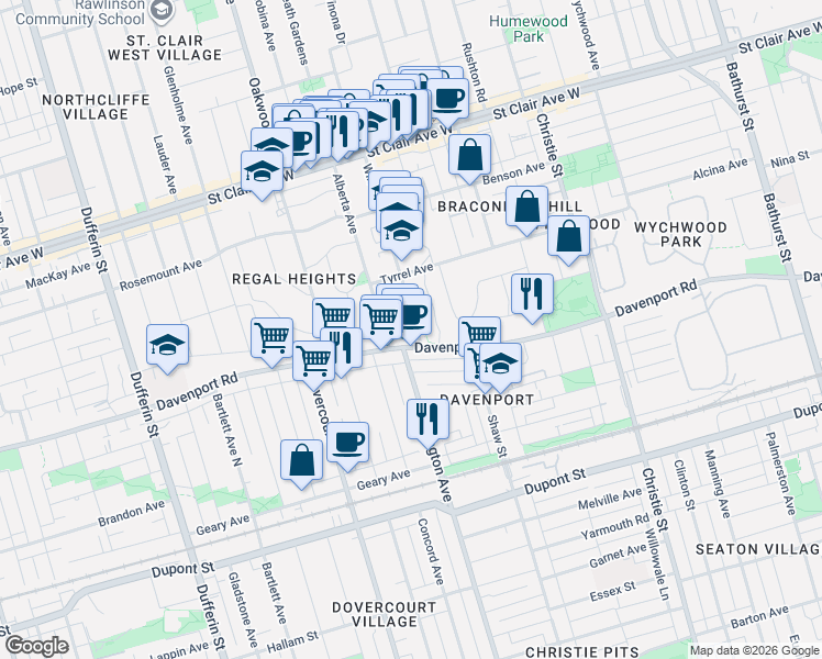map of restaurants, bars, coffee shops, grocery stores, and more near 20 Winona Drive in Toronto