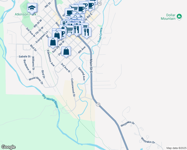 map of restaurants, bars, coffee shops, grocery stores, and more near 713 Leadville Avenue in Sun Valley