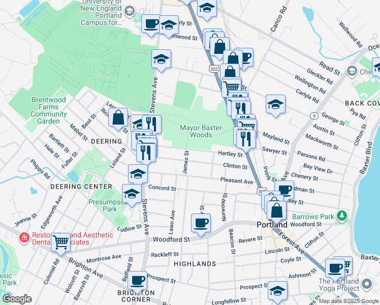 map of restaurants, bars, coffee shops, grocery stores, and more near 102 Hartley Street in Portland